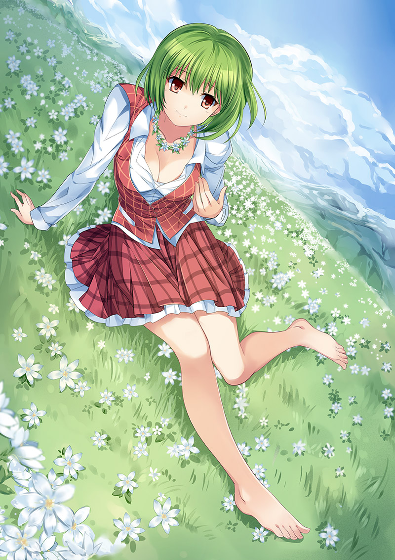 1girl arm_support bangs barefoot breasts cleavage clouds dress_shirt dutch_angle flower flower_necklace frills full_body grass green_hair jewelry kazami_yuuka long_sleeves looking_at_viewer meadow medium_breasts necklace on_ground open_clothes outdoors pico_(picollector79) plaid plaid_skirt plaid_vest red_eyes red_skirt red_vest shirt short_hair sitting skirt skirt_set smile solo touhou unbuttoned vest white_shirt