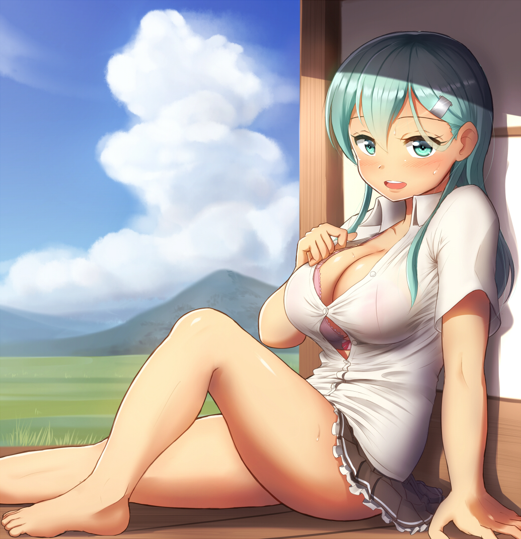 1girl :d against_wall aqua_eyes aqua_hair arm_at_side bare_legs barefoot blue_sky blush bra breasts brown_skirt cleavage clouds collared_shirt day dress_shirt frilled_skirt frills hair_ornament hairclip kantai_collection knee_up large_breasts long_hair looking_at_viewer maku_ro miniskirt mountainous_horizon no_legs open_mouth partially_unbuttoned pink_bra pleated_skirt round_teeth shirt short_sleeves sitting skirt sky smile solo suzuya_(kantai_collection) sweat teeth underwear wall white_shirt wing_collar wooden_floor