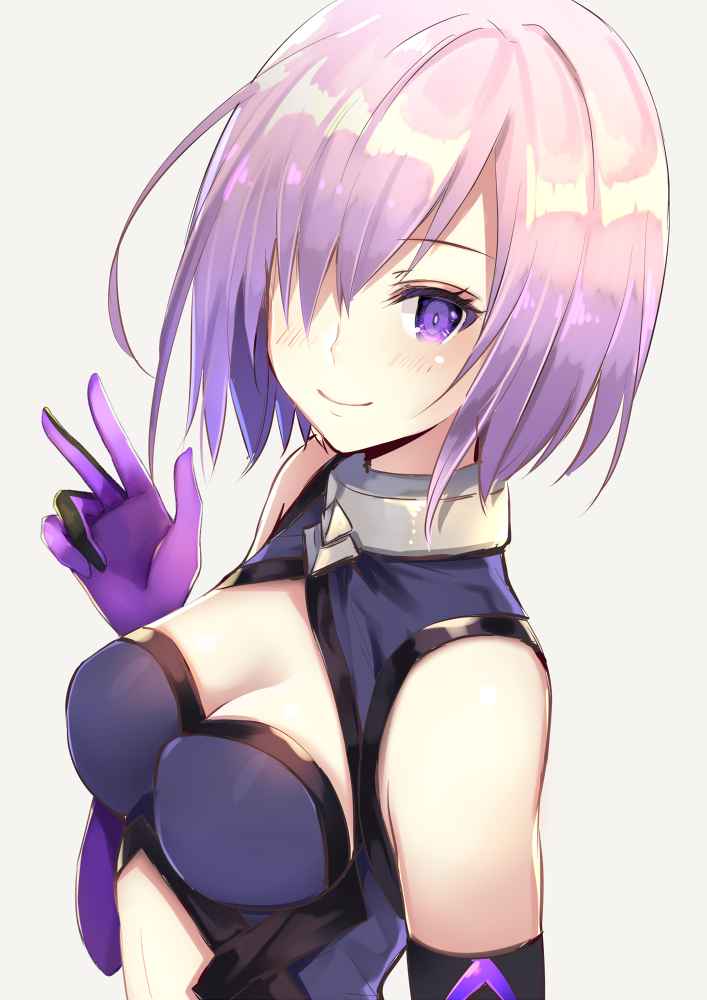 1girl breasts cleavage elbow_gloves fate/grand_order fate_(series) gloves grey_background hair_over_one_eye kether looking_at_viewer medium_breasts midriff pink_hair purple_gloves shielder_(fate/grand_order) short_hair simple_background smile solo stomach upper_body violet_eyes