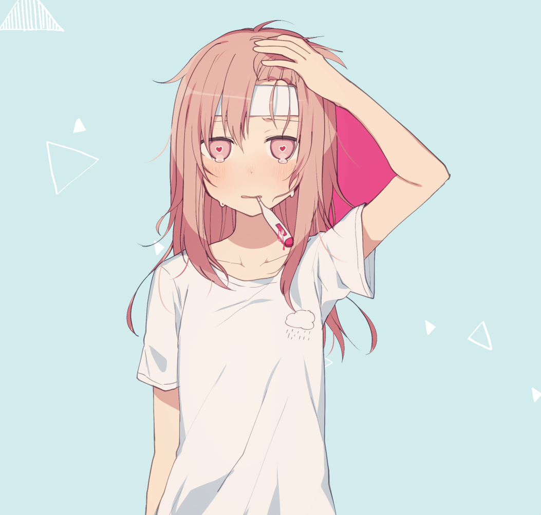 1girl arm_up bangs blue_background blush brown_hair collarbone commentary fever hair_between_eyes hand_on_head heart heart-shaped_pupils long_hair looking_at_viewer minamiya_mia mouth_hold original pink_eyes shirt simple_background solo symbol-shaped_pupils t-shirt tears thermometer towel towel_on_head triangle upper_body white_shirt