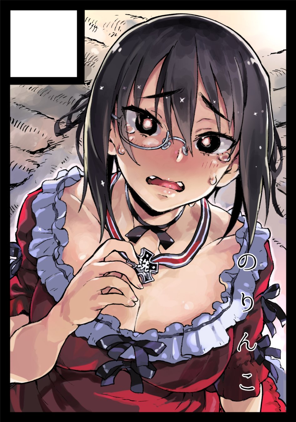 1girl black_border black_eyes black_hair border breasts choker collarbone commentary_request crying d: dress eyebrows_visible_through_hair frilled_dress frills girls_und_panzer glasses hair_between_eyes highres holding_necklace jewelry kawashima_momo large_breasts letterboxed looking_at_viewer monochrome necklace norinco open_mouth parted_lips red_dress ribbon-trimmed_dress semi-rimless_glasses short_dress short_hair_with_long_locks solo teardrop tears under-rim_glasses