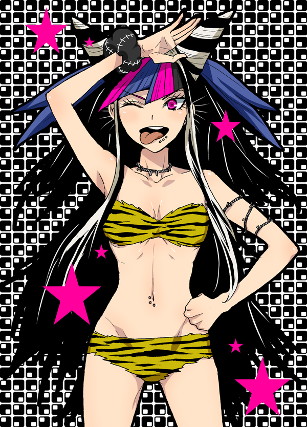 1girl ;p arm_up armpits bikini black_hair breasts cleavage collarbone cowboy_shot dangan_ronpa dosugon groin hand_on_hip long_hair looking_at_viewer medium_breasts mioda_ibuki multicolored_hair one_eye_closed open_mouth pink_eyes solo standing star strapless strapless_bikini super_dangan_ronpa_2 swimsuit tongue tongue_out very_long_hair wrist_cuffs yellow_bikini