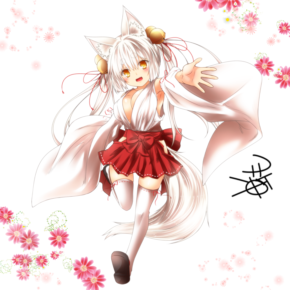 1girl :d animal_ears armpits bell breasts commentary_request detached_sleeves eyebrows_visible_through_hair fang floral_background fox_ears fox_tail full_body hair_bell hair_ornament hakama_skirt jingle_bell kohaku_(yua) large_breasts long_hair looking_at_viewer nontraditional_miko open_mouth orange_eyes original outstretched_arm red_skirt ribbon-trimmed_legwear ribbon-trimmed_sleeves ribbon-trimmed_thighhighs ribbon_trim shirt signature skirt smile solo tail thigh-highs twintails white_hair white_legwear white_shirt wide_sleeves yua_(checkmate)