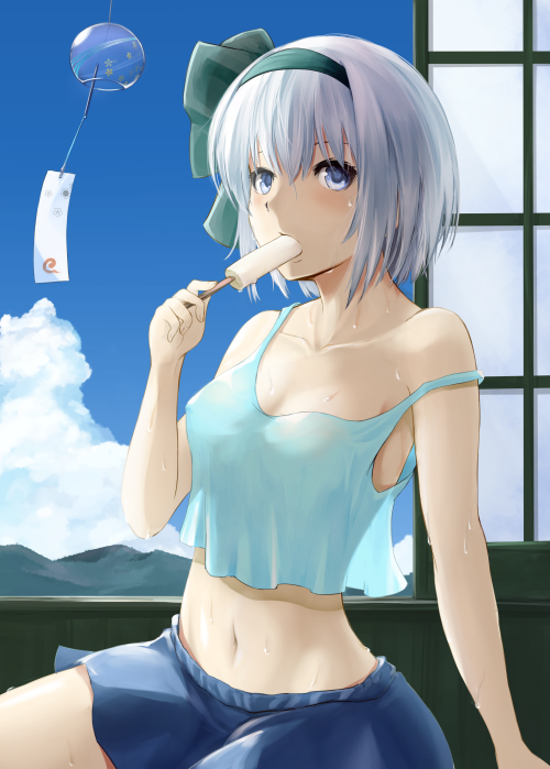 1girl alternate_costume arm_support armpits bare_arms bare_shoulders blue_camisole blue_eyes blue_skirt blue_sky breasts camisole clouds collarbone contemporary day eating eyelashes food food_in_mouth green_ribbon hair_ribbon holding indoors konpaku_youmu kz_nagomiya looking_at_viewer midriff mountain navel popsicle ribbon short_hair silver_hair sitting skirt sky sliding_doors small_breasts solo strap_slip sweat touhou wind_chime yokozuwari
