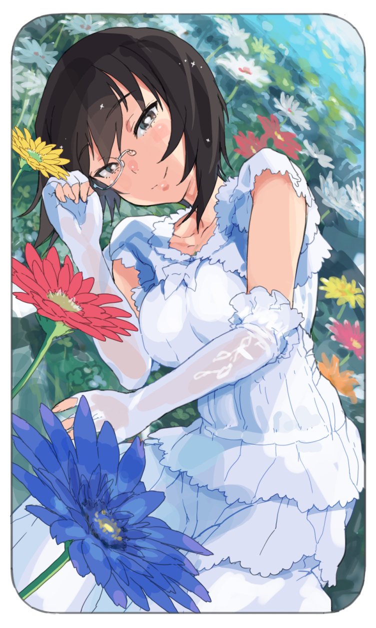 1girl bangs black_eyes black_hair breasts closed_mouth day dress dutch_angle eyebrows_visible_through_hair field fingerless_gloves flower flower_field frame girls_und_panzer gloves highres kawashima_momo looking_at_viewer lying medium_breasts monocle norinco on_side outdoors short_hair short_hair_with_long_locks smile solo upper_body white_dress
