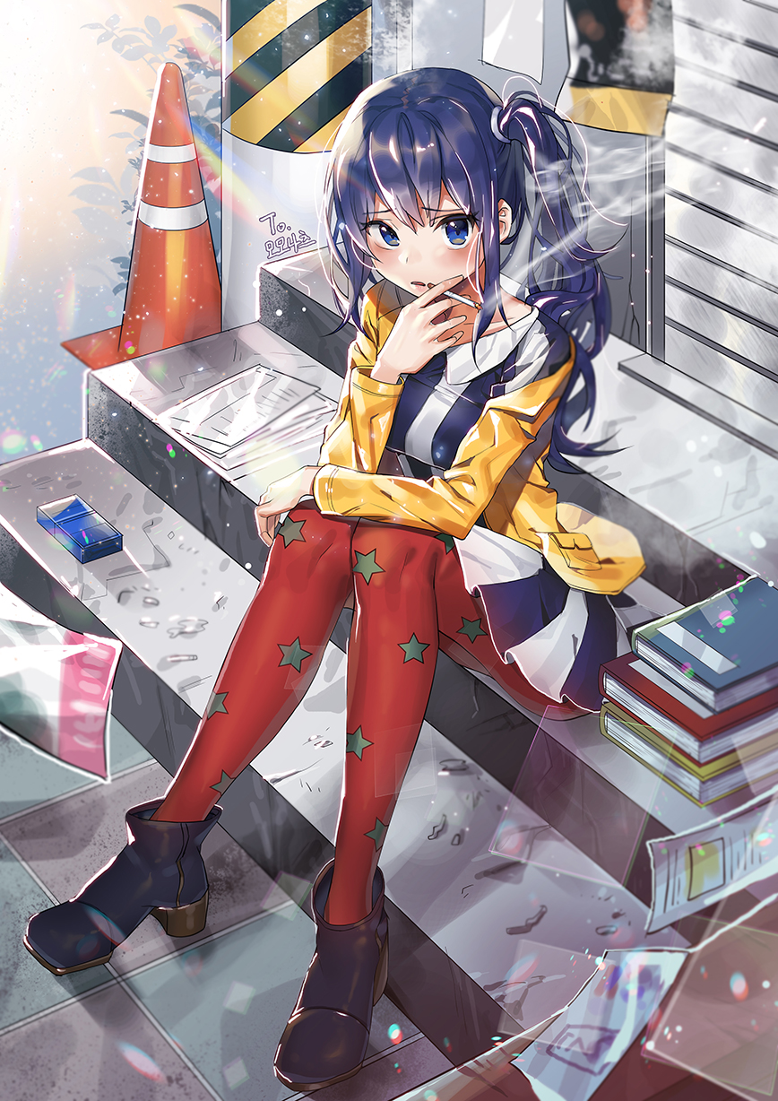 1girl artist_name bangs blue_eyes blue_hair book boots cigarette cigarette_box day dress eyebrows_visible_through_hair hand_on_own_knee highres holding holding_cigarette imai_midori jacket knees_up long_hair long_sleeves looking_at_viewer meoneo outdoors pantyhose parted_lips print_legwear red_legwear shirobako side_ponytail sitting smoke smoking solo stairs star star_print traffic_cone