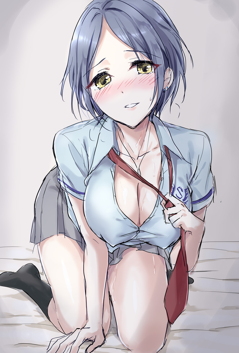 1girl bangs black_legwear blue_skirt blush breasts cleavage collarbone erect_nipples full-face_blush green_skirt grey_hair hayami_kanade idolmaster idolmaster_cinderella_girls kneeling large_breasts looking_at_viewer necktie oimo parted_bangs parted_lips pleated_skirt red_necktie school_uniform short_hair skirt smile solo yellow_eyes