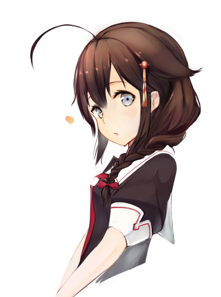 1girl ahoge black_shirt blue_eyes bow braid brown_hair cropped_torso from_side hair_between_eyes hair_bow kantai_collection long_hair looking_at_viewer red_bow shigure_(kantai_collection) shirt short_sleeves simple_background single_braid solo unajuu_(set_mk) upper_body white_background