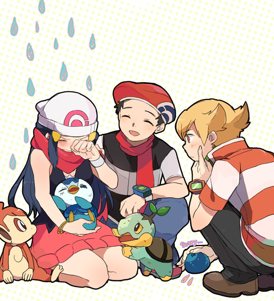 1girl 2boys beanie beret berry black_hair blonde_hair blue_hair blush brown_eyes chimchar closed_eyes crying dotted_background hat hikari_(pokemon) jun_(pokemon) kouki_(pokemon) long_hair multiple_boys onaramaru piplup pokemon pokemon_(game) pokemon_dppt red_scarf scarf scratching_cheek seiza sitting smile squatting teardrop turtwig