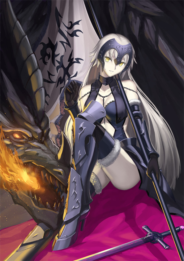 1girl armor armored_boots banner blue_legwear boots breasts ccjn chains choker cleavage cutout dragon eyebrows_visible_through_hair fate/grand_order fate_(series) fire grey_boots head_tilt high_heel_boots high_heels holding holding_sword holding_weapon jeanne_alter knee_boots long_hair looking_at_viewer medium_breasts midriff parted_lips ruler_(fate/apocrypha) silver_hair sitting smile solo sword thigh-highs very_long_hair weapon white_skin yellow_eyes