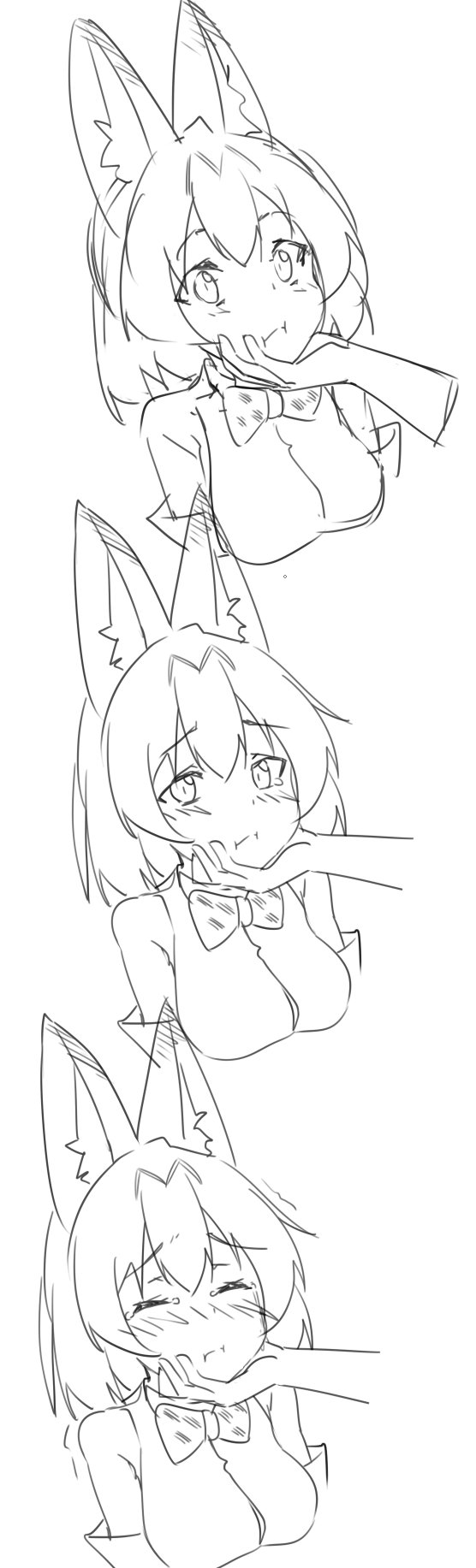 1girl animal_ears blush bow bowtie closed_eyes elbow_gloves gloves hand_on_another's_head highres kemono_friends lineart monochrome petting serval_(kemono_friends) serval_ears shirt short_hair simple_background sketch sleeveless sleeveless_shirt tears tilt-shift trembling upper_body white_background