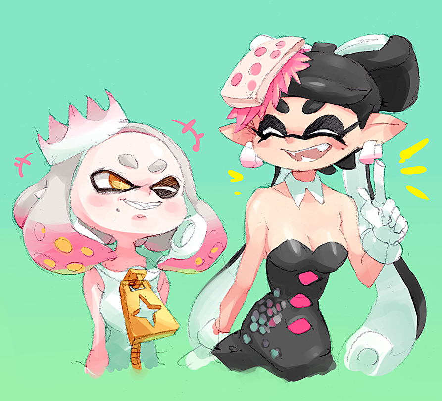 +_+ 2girls ;d ^_^ aori_(splatoon) black_hair blue_background blush breasts cleavage closed_eyes crown domino_mask dress earrings fangs female gloves hair_ornament happy hime_(splatoon) jewelry low_twintails m10shangrila mask mini_crown mole mole_under_eye mole_under_mouth multiple_girls one_eye_closed open_mouth pointy_ears shirt short_hair simple_background sleeveless sleeveless_dress smile splatoon splatoon_2 strapless strapless_dress symbol-shaped_pupils teeth tentacle twintails white_hair white_shirt yellow_eyes zipper