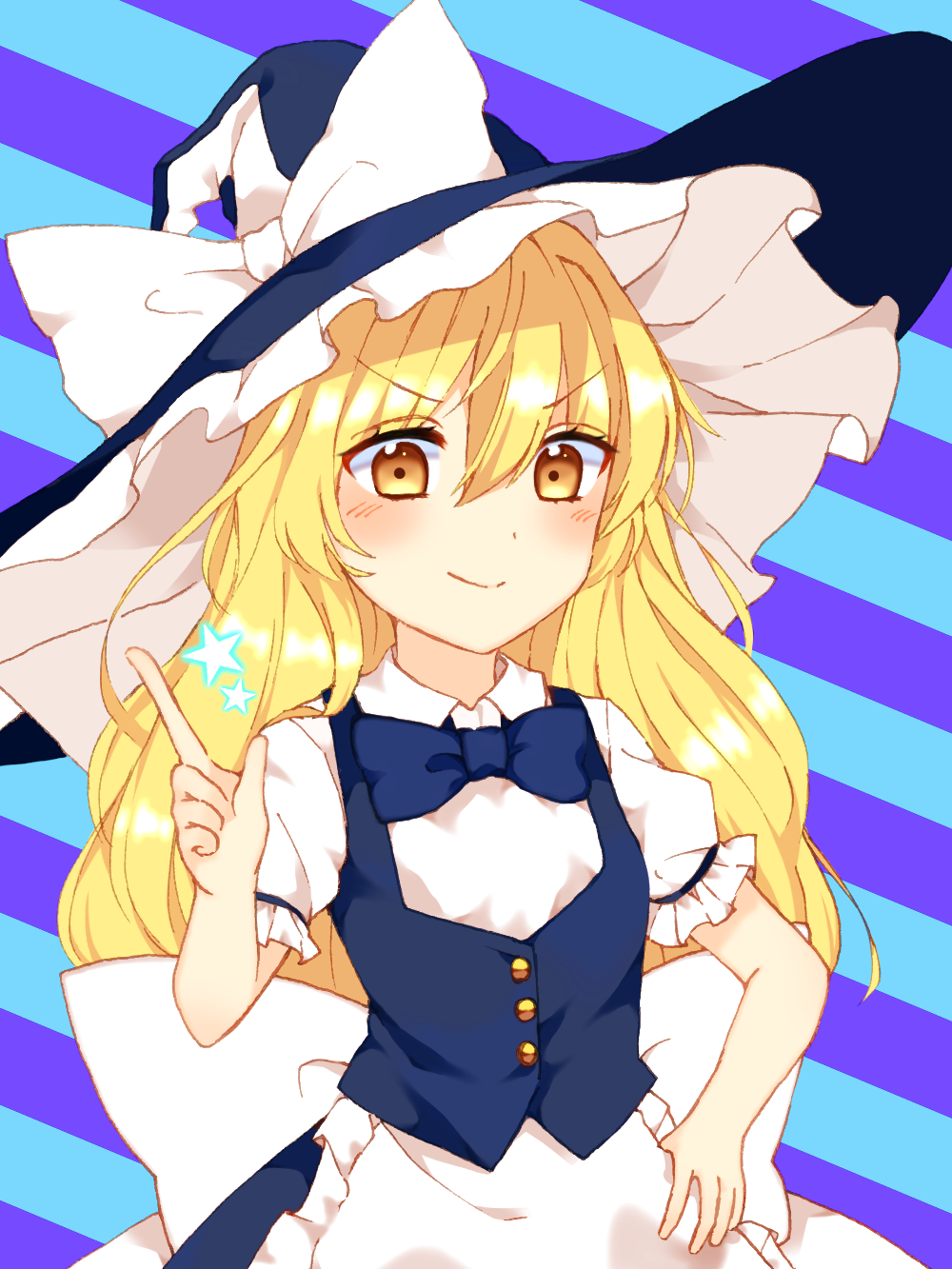 &gt;:) 1girl apron blonde_hair blush bow bowtie collared_shirt hand_on_hip hat highres index_finger_raised kirisame_marisa looking_at_viewer shirt skirt skirt_set solo star striped striped_background touhou urban_legend_in_limbo vest waist_apron wavy_hair witch_hat yellow_eyes yururi_nano