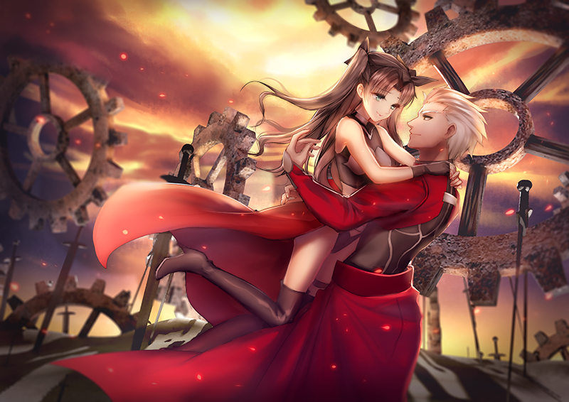 1boy 1girl archer archer_(cosplay) arms_around_neck black_boots black_gloves black_panties black_ribbon blue_eyes boots brown_hair cosplay crop_top eye_contact fate/stay_night fate_(series) fingerless_gloves gloves hair_ribbon hug long_hair looking_at_another meaomao midriff outdoors panties ribbon silver_hair sleeveless smile spiky_hair sword thigh-highs thigh_boots tohsaka_rin twintails underwear unlimited_blade_works very_long_hair weapon