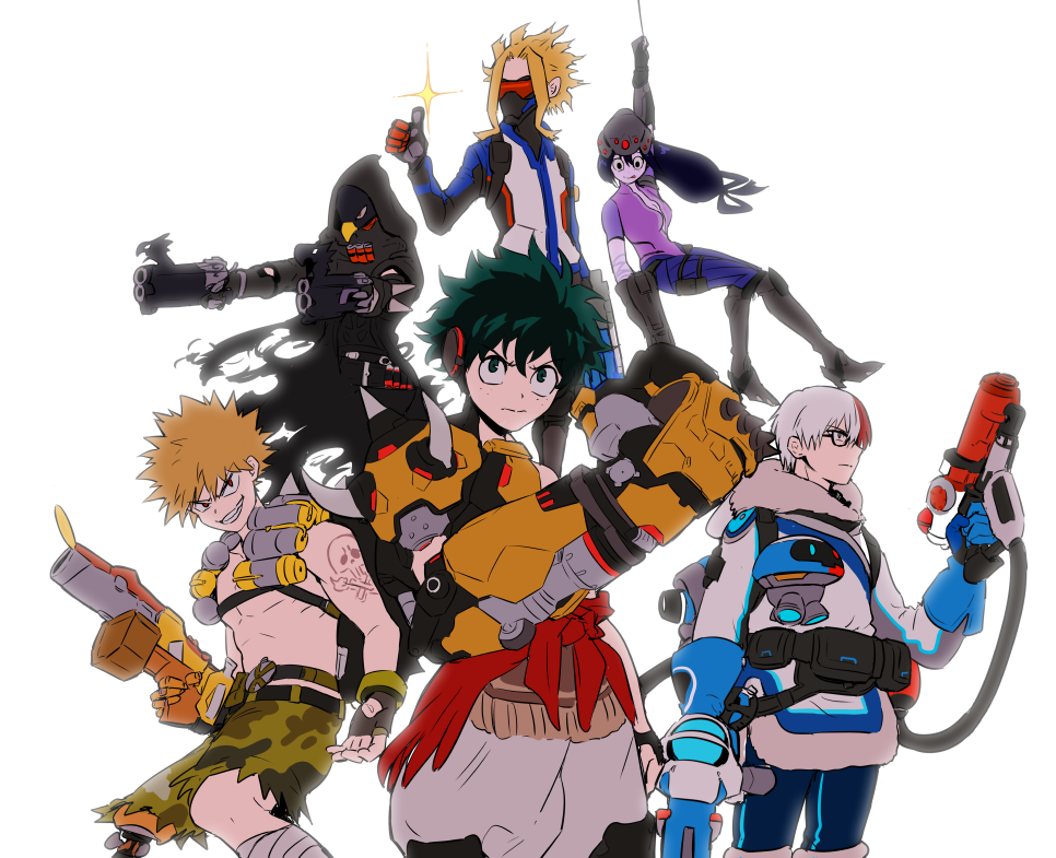 1girl abs all_might animal_head bakugou_katsuki bird blonde_hair boku_no_hero_academia cosplay doomfist_(overwatch) fire gun hood junkrat_(overwatch) junkrat_(overwatch)_(cosplay) long_hair mei_(overwatch) mei_(overwatch)_(cosplay) midoriya_izuku multicolored_hair muscle overwatch ponytail reaper_(overwatch) reaper_(overwatch)_(cosplay) smile sniper soldier:_76_(overwatch) soldier:_76_(overwatch)_(cosplay) thumbs_up todoroki_shouto tokoyami_fumikage visor weapon widowmaker_(overwatch) widowmaker_(overwatch)_(cosplay)