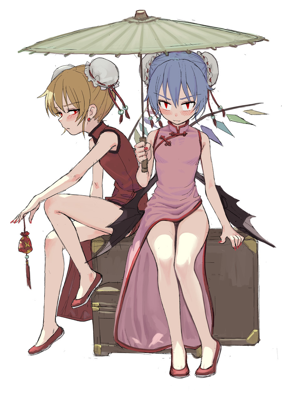 2girls bare_legs blonde_hair blue_hair breasts bun_cover china_dress chinese_clothes closed_mouth double_bun dress earrings fangs_out fingernails fkey flandre_scarlet full_body highres jewelry long_fingernails looking_at_viewer low_wings multicolored multicolored_wings multiple_girls nail_polish oriental_umbrella pink_dress red_dress red_eyes red_nails remilia_scarlet siblings side_slit simple_background sisters sitting sketch slippers small_breasts touhou umbrella white_background wings