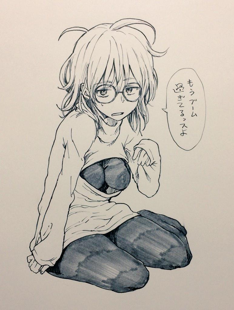 1girl ahoge breasts dagashi_kashi eyebrows_visible_through_hair glasses greyscale kotoyama long_sleeves looking_at_viewer loose_clothes meme_attire messy_hair monochrome open-chest_sweater open_mouth owari_hajime short_hair sitting solo speech_bubble sweatdrop sweater translation_request yokozuwari