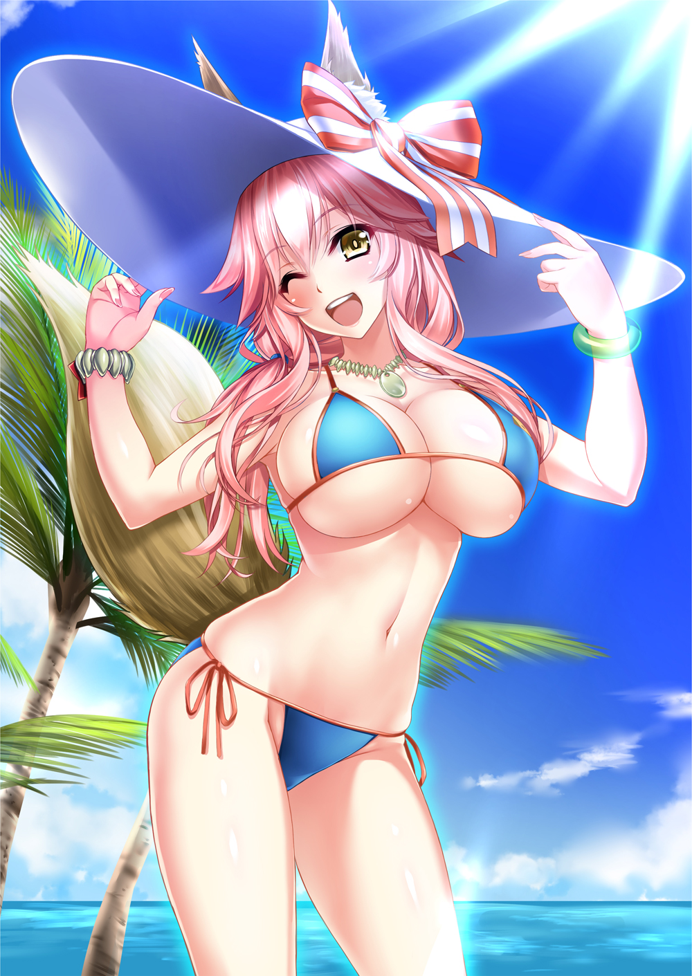 1girl ;d bikini blue_bikini blue_sky blush bracelet breasts cleavage clouds day fate/grand_order fate_(series) hat hat_ribbon highres horizon jewelry large_breasts long_hair looking_at_viewer navel necklace ocean one_eye_closed open_mouth palm_tree pink_hair ribbon sennri_sabanegi side-tie_bikini sky smile solo standing striped striped_ribbon sunlight swimsuit tamamo_(fate)_(all) tamamo_no_mae_(swimsuit_lancer)_(fate) tree yellow_eyes