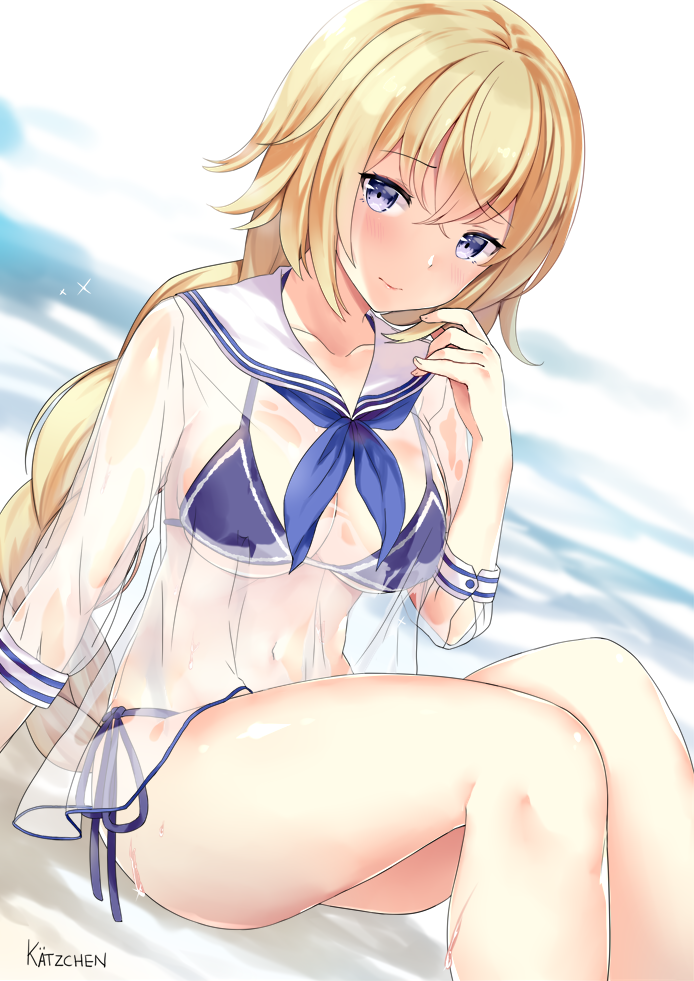 1girl bikini blonde_hair blue_eyes braid breasts cleavage commentary_request dress dutch_angle fate/apocrypha fate_(series) kaetzchen large_breasts long_hair navel nervous_smile ruler_(fate/apocrypha) sailor_dress see-through single_braid sleeves_past_elbows solo swimsuit wet wet_clothes