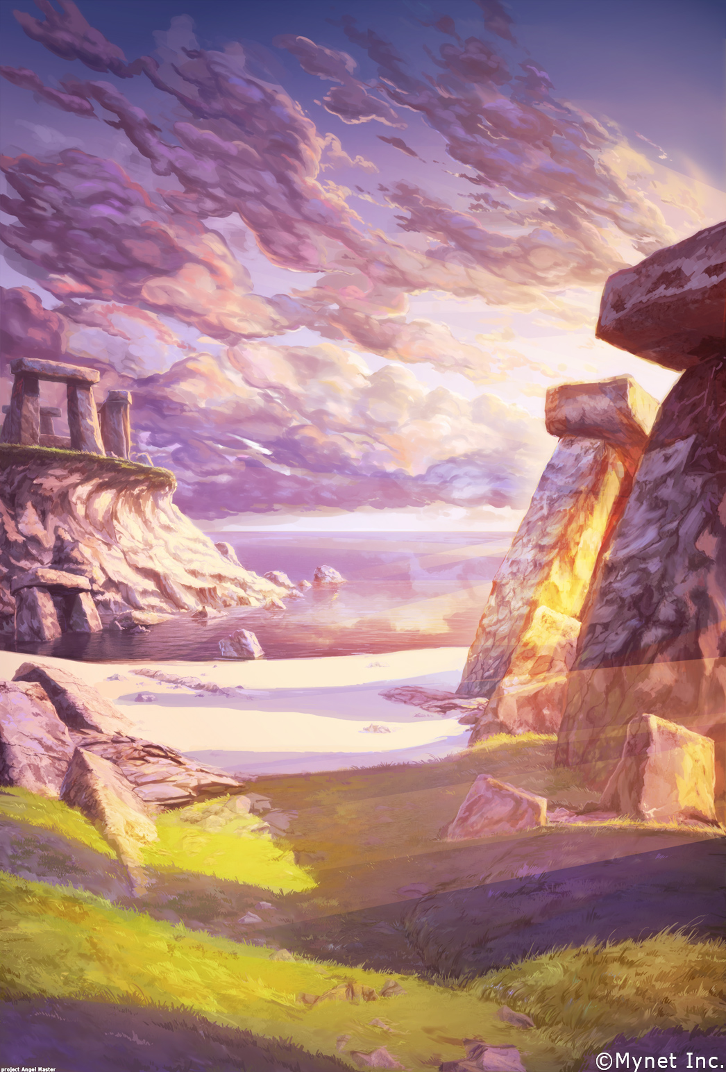 angelmaster arsenixc beach clouds cloudy_sky comic commentary grass highres horizon monolith_(object) no_humans ocean outdoors pillar purple_sky reflection rock ruins sand scenery shadow shore sky stone sunrise temple water_surface watermark