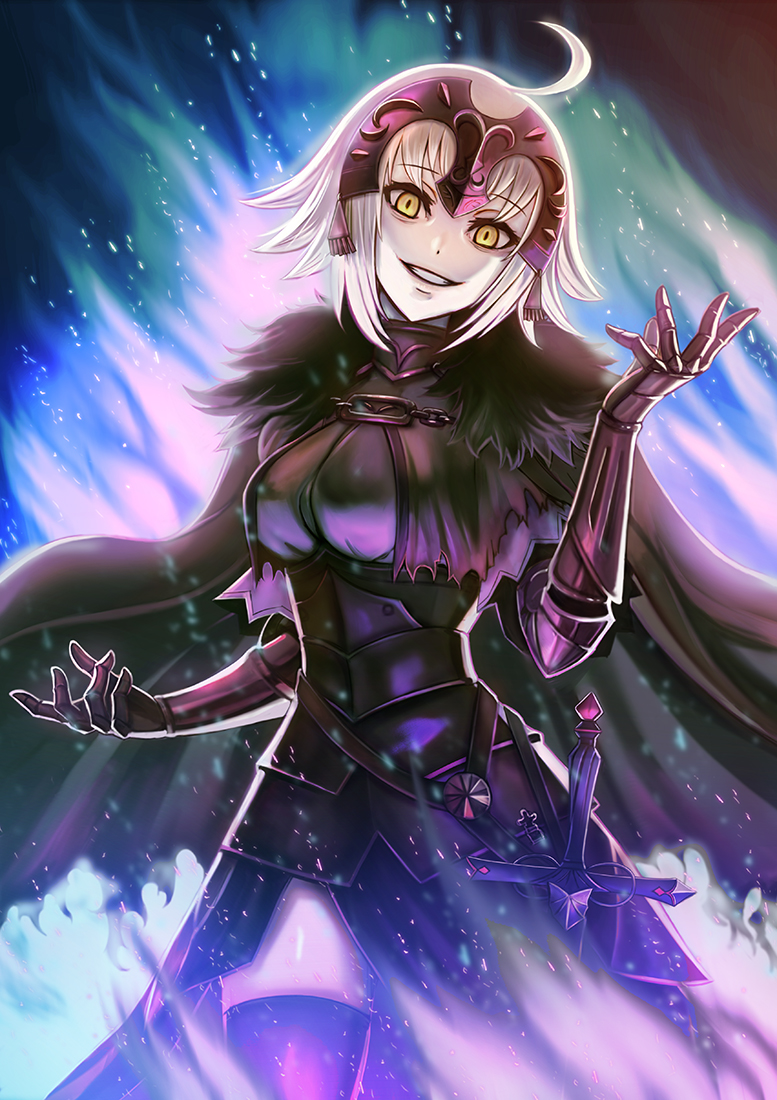 1girl ahoge armor armored_dress black_cape black_dress black_legwear cape cowboy_shot dress evil_smile eyebrows_visible_through_hair fate/grand_order fate_(series) gauntlets grin head_tilt jeanne_alter looking_at_viewer mushiki_k ruler_(fate/apocrypha) sheath sheathed shiny shiny_skin short_hair silver_hair smile solo standing sword thigh-highs weapon yellow_eyes