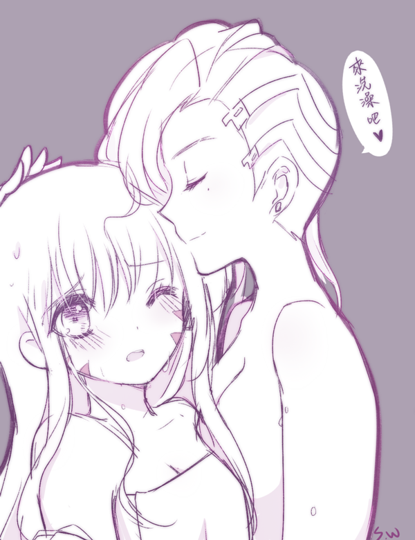 2girls asymmetrical_hair atobesakunolove bangs breast_press breasts chinese cleavage closed_eyes couple d.va_(overwatch) earrings facepaint facial_mark hand_on_another's_head hug jewelry long_hair looking_at_another mole mole_under_eye monochrome multiple_girls naked_towel nude one_eye_closed open_mouth overwatch petting purple_background sketch smile sombra_(overwatch) speech_bubble stud_earrings swept_bangs towel translation_request upper_body water_drop wet whisker_markings yuri