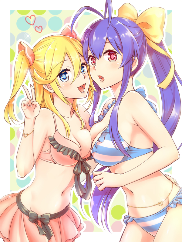 2girls antenna_hair asymmetrical_docking bangs bare_shoulders bikini bikini_skirt blazblue blazblue_remix_heart blonde_hair blue_bikini blue_eyes blue_hair blush bow bracelet breast_press breasts chains cleavage collarbone cowboy_shot eyebrows_visible_through_hair face-to-face female frilled_bikini frills from_side front-tie_top genderswap genderswap_(mtf) gold_chain hair_between_eyes hair_bow hair_ribbon heart hug jewelry large_breasts leaning_forward leaning_on_person long_hair long_sleeves looking_at_viewer mai_natsume medium_breasts medium_hair multiple_girls navel open_mouth pink_bikini ponytail potato_(oriha94) red_eyes ribbon shiori_kirihito sidelocks smile striped striped_bikini surprised swimsuit two_side_up v waist_hug yellow_bow yuri