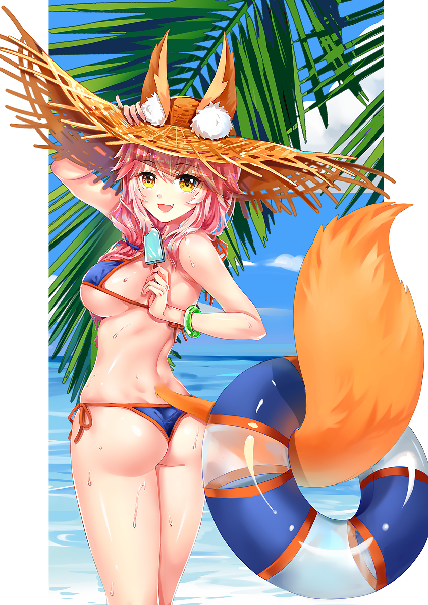 1girl animal_ears ass bare_shoulders bikini blue_bikini breasts clouds day ears_through_headwear fang fate/grand_order fate_(series) food fox_ears fox_tail hair_ribbon hat highres holding innertube large_breasts long_hair looking_at_viewer looking_back ocean open_mouth outdoors pink_hair popsicle ribbon side-tie_bikini sideboob sky smile solo standing sun_hat swimsuit tail tamamo_(fate)_(all) tamamo_no_mae_(swimsuit_lancer)_(fate) water xixi yellow_eyes