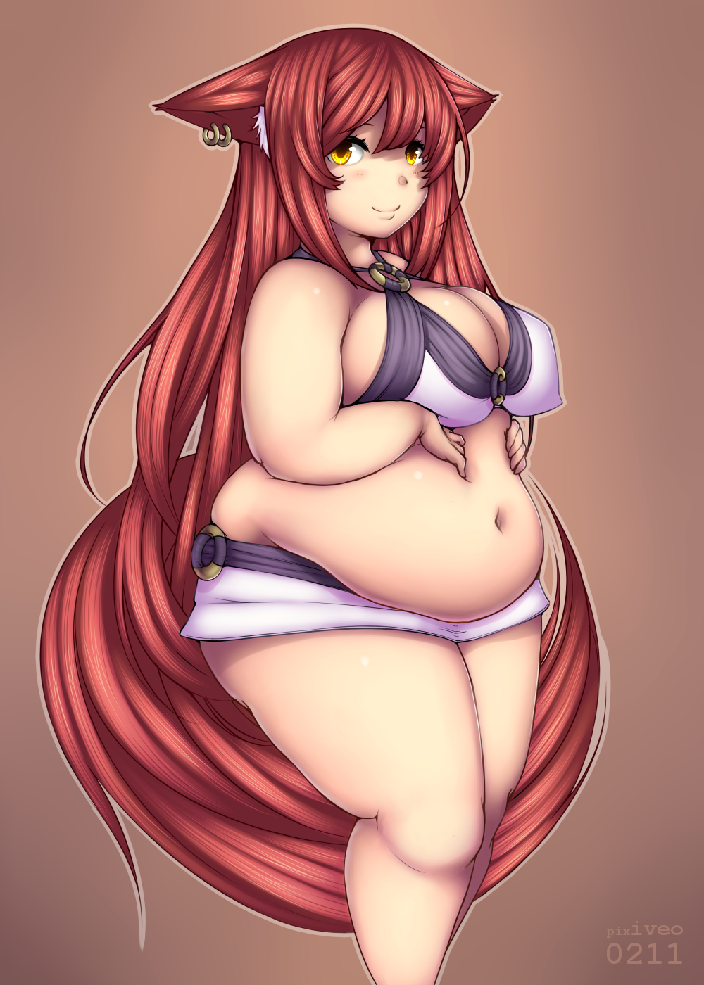1girl animal_ears belly_grab belly_rub big_belly blush breasts cleavage earrings fat fox_ears fox_tail highres holding_stomach iveo jewelry large_breasts long_hair looking_at_viewer miniskirt navel o-ring_bottom o-ring_top original redhead skirt smile solo standing tail thick_thighs thighs very_long_hair wide_hips yellow_eyes