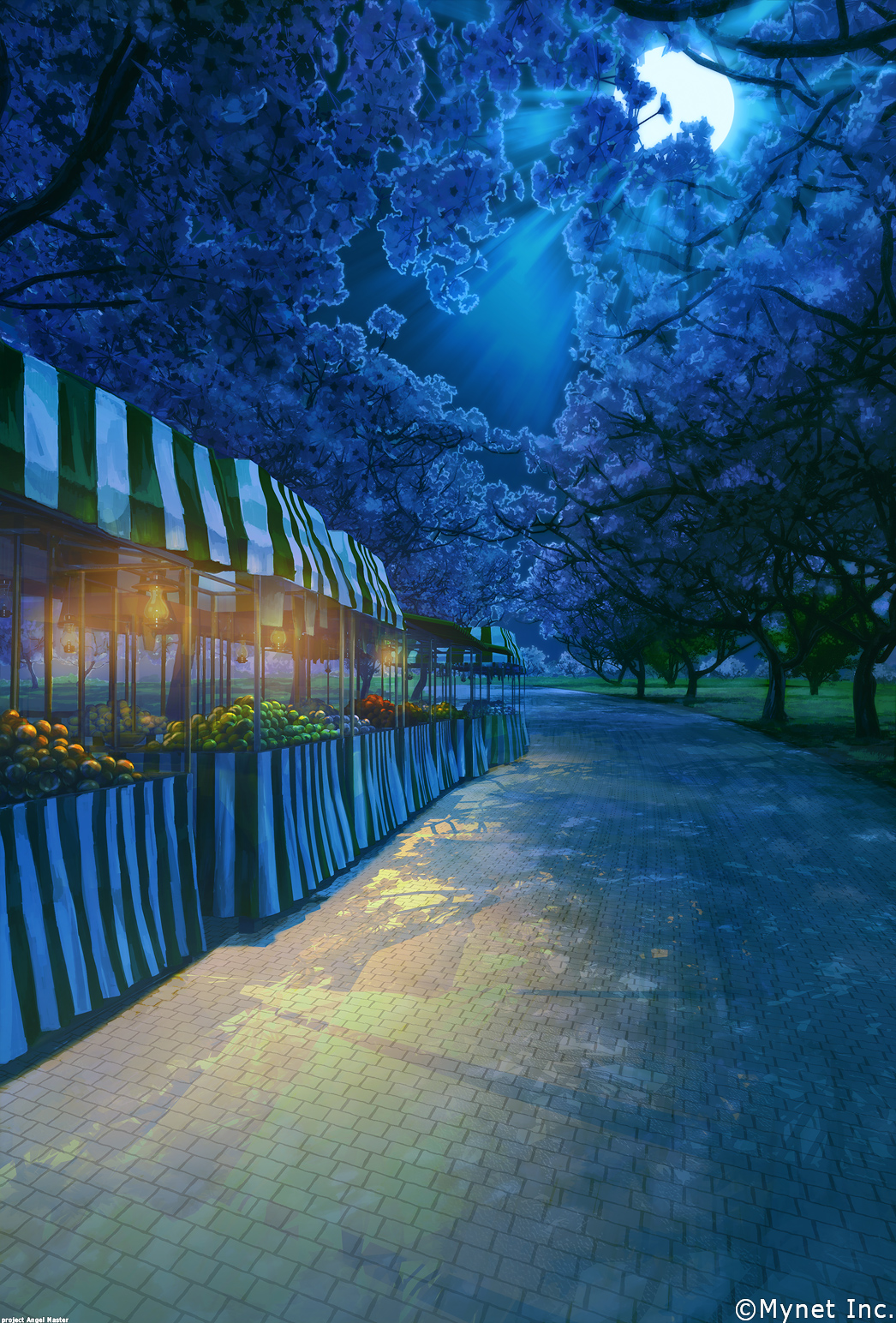 angelmaster arsenixc branch cherry_blossoms commentary_request food fruit full_moon grass highres moon moonlight night no_humans outdoors park path road scenery shadow tree tree_shade watermark