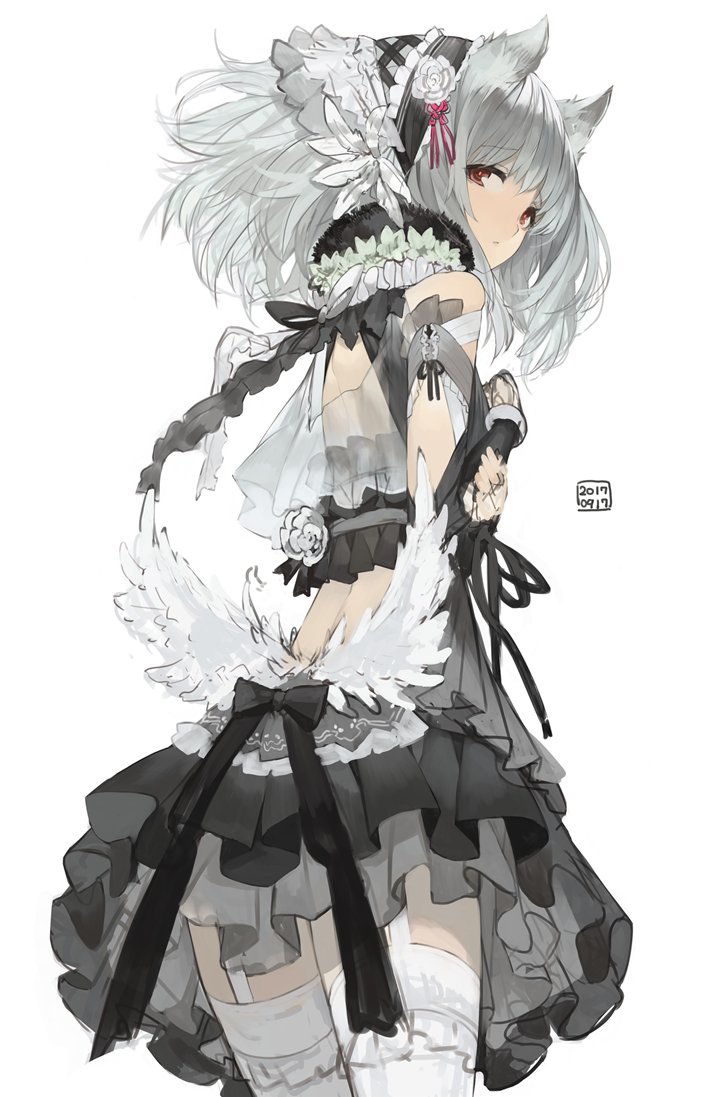 1girl animal_ears bangs black_skirt brown_eyes closed_mouth dated eyebrows_visible_through_hair feathered_wings frills from_behind fur_collar garter_straps grey_hair headdress long_hair looking_at_viewer looking_back original rayvon sidelocks silver_hair simple_background skirt solo tareme thigh-highs thighs white_background white_legwear white_wings wings
