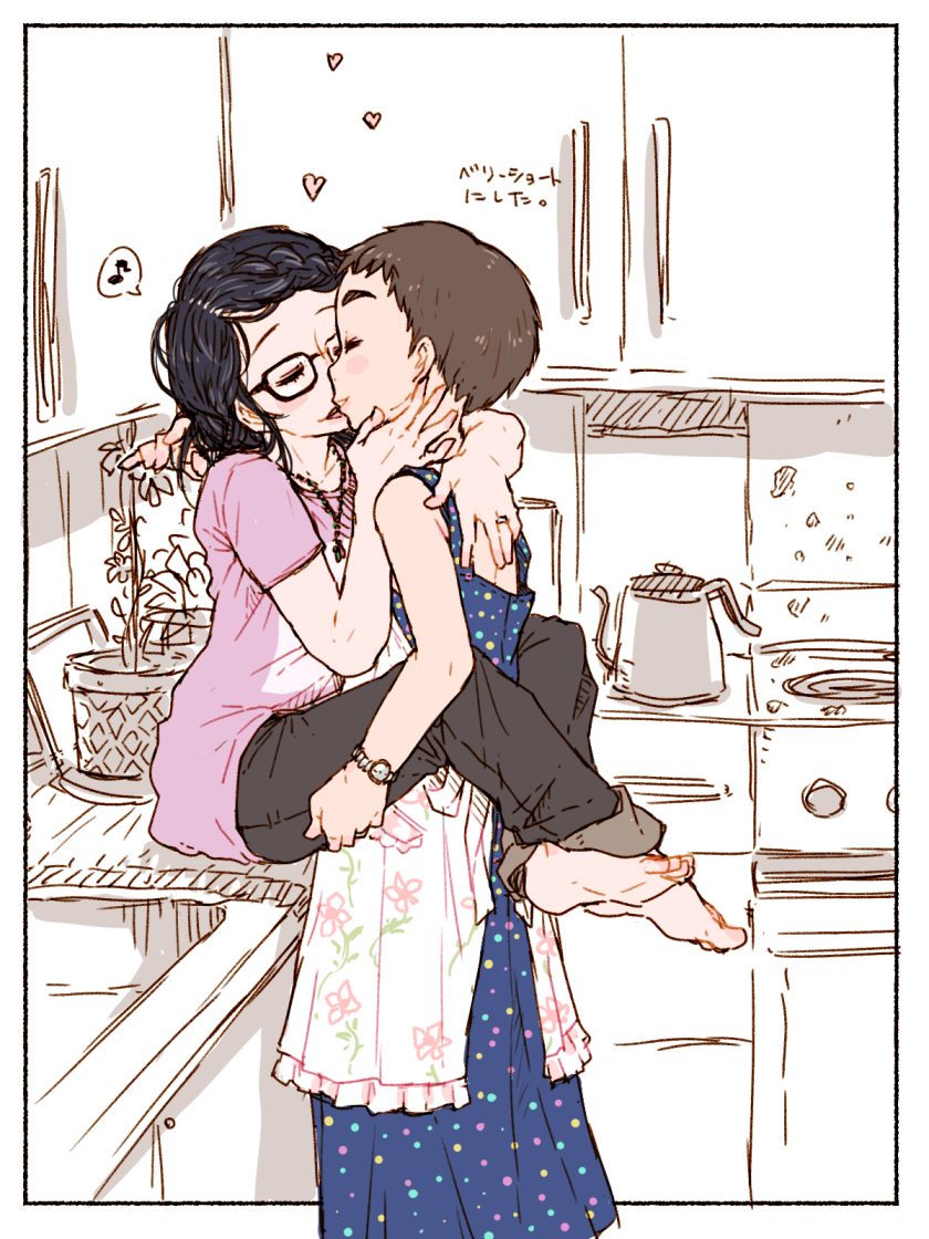 2girls apron black_hair brown_hair closed_eyes comic glasses hand_on_another's_face hands_on_another's_thighs heart imminent_kiss jewelry leg_lock m_k multiple_girls musical_note necklace original plant potted_plant ring sketch spoken_musical_note stove teapot wife_and_wife yuri