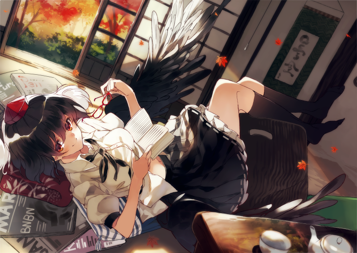 1girl autumn_leaves bangs bird_wings black_legwear black_skirt black_wings blush book bunbunmaru closed_mouth cup frilled_skirt frills glasses glasses_removed hat indoors ken_(coffee_michikusa) leaf looking_at_viewer lying maple_leaf neck_ribbon on_back open_book puffy_short_sleeves puffy_sleeves red-framed_eyewear ribbon shameimaru_aya shirt short_hair short_sleeves skirt sliding_doors smile socks solo sunlight teacup teapot tokin_hat touhou white_shirt wings