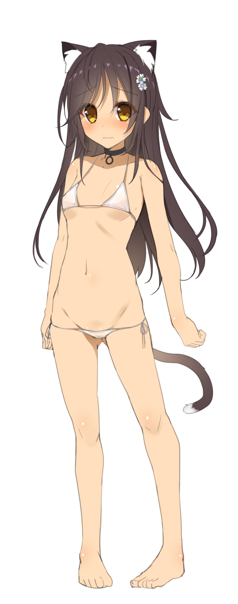 1girl animal_ears bare_legs barefoot bikini black_hair blush breasts cat_ears cat_tail choker closed_mouth eyebrows_visible_through_hair flower gluteal_fold hair_flower hair_ornament highres long_hair looking_at_viewer lowleg lowleg_bikini navel original side-tie_bikini simple_background small_breasts solo standing swimsuit tail wavy_mouth white_background white_bikini yanagi_yuu yellow_eyes