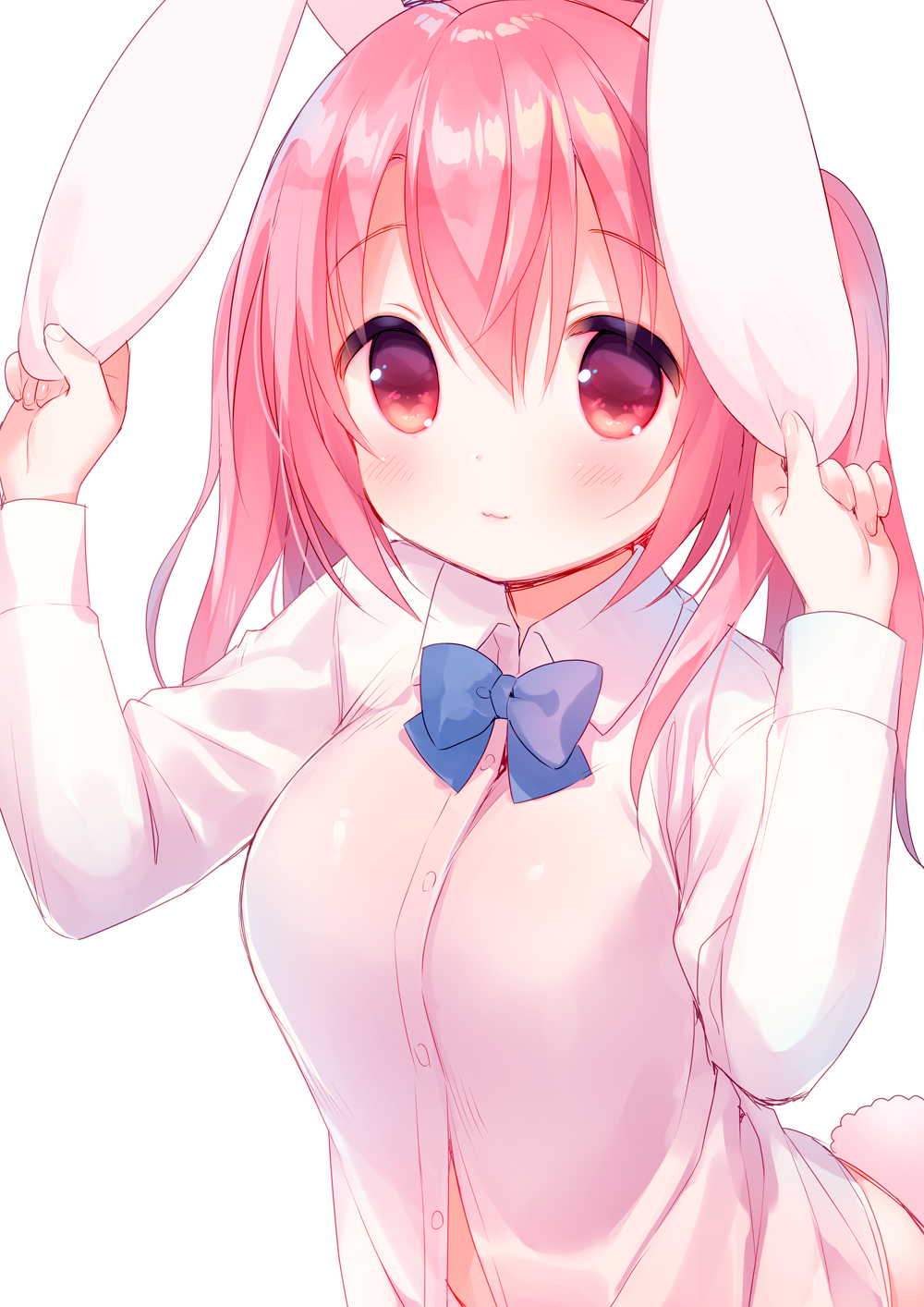 1girl :3 animal_ears bangs blush breasts bunny_tail closed_mouth dress_shirt eyebrows_visible_through_hair hair_between_eyes hands_up highres light_smile long_hair long_sleeves looking_at_viewer medium_breasts original pink_eyes pink_hair rabbit_ears shirt simple_background smile solo tail tareme upper_body usashiro_mani white_background
