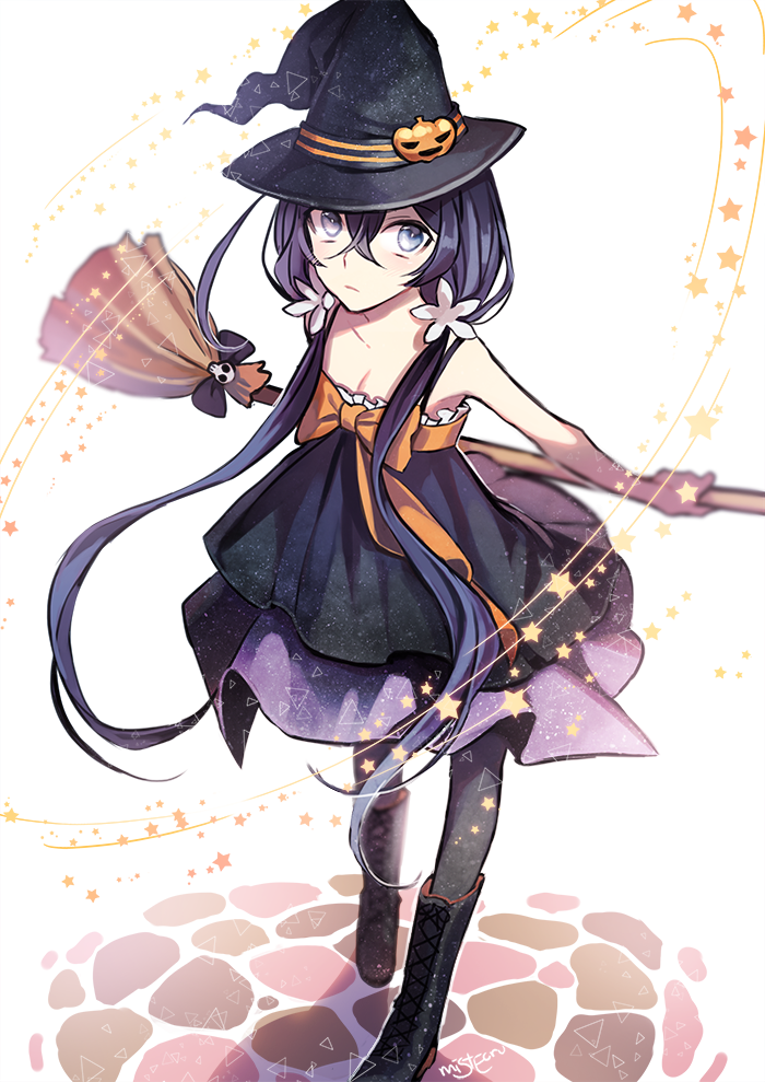 1girl artist_name blue_hair boots broom commentary_request ecru halloween_costume hat leggings solo witch witch_hat