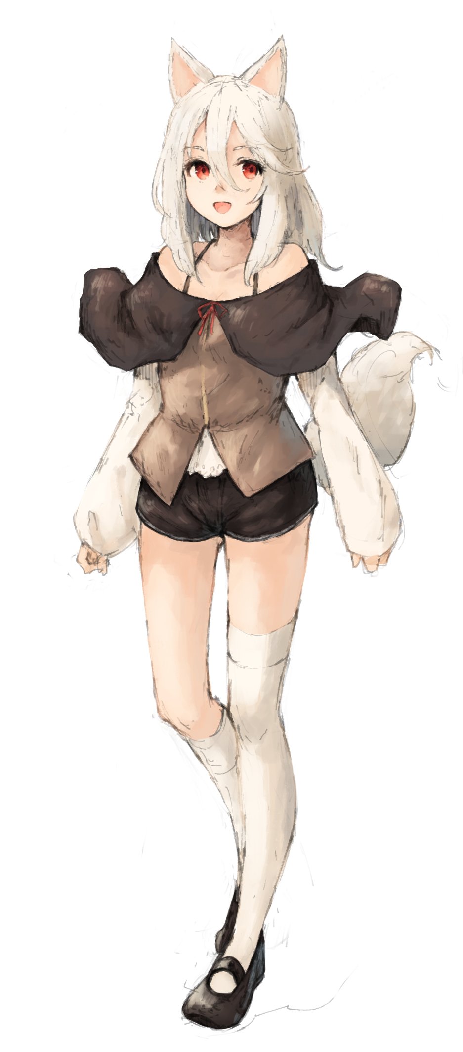 1girl :d animal_ears asymmetrical_legwear brown_vest capelet collarbone fox_ears fox_tail full_body highres koretsuki_azuma long_hair long_sleeves looking_at_viewer off_shoulder open_mouth original puffy_long_sleeves puffy_sleeves red_eyes short_shorts shorts smile solo standing tail white_hair white_legwear