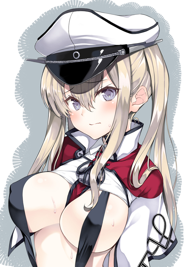 1girl blonde_hair breasts capelet erect_nipples graf_zeppelin_(kantai_collection) hair_between_eyes hat inuzumi_masaki kantai_collection large_breasts long_hair long_sleeves military military_uniform peaked_cap sidelocks solo twintails uniform violet_eyes