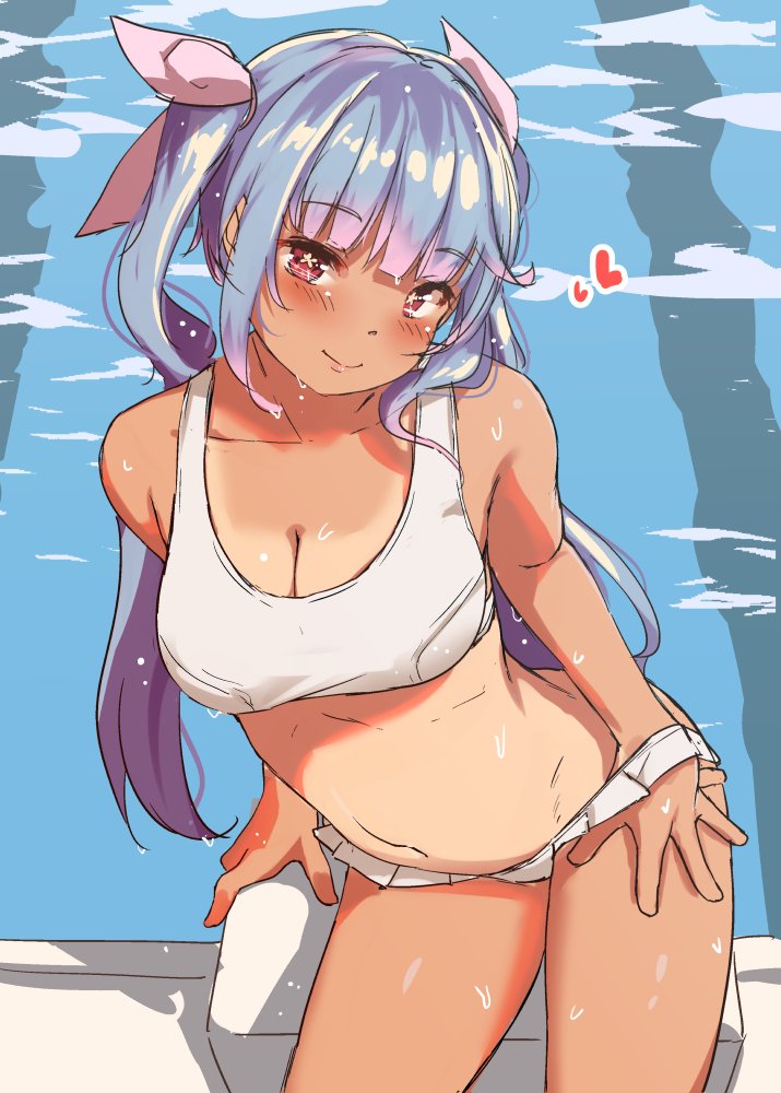 1girl alternate_costume bikini blush bow breasts cleavage collarbone eyebrows_visible_through_hair from_above hair_bow hand_under_clothes heart heart-shaped_pupils i-19_(kantai_collection) kantai_collection long_hair medium_breasts multicolored_hair pool purple_hair red_eyes satsuki_neko sitting sketch smile solo swimsuit symbol-shaped_pupils tan tanline twintails white_bikini