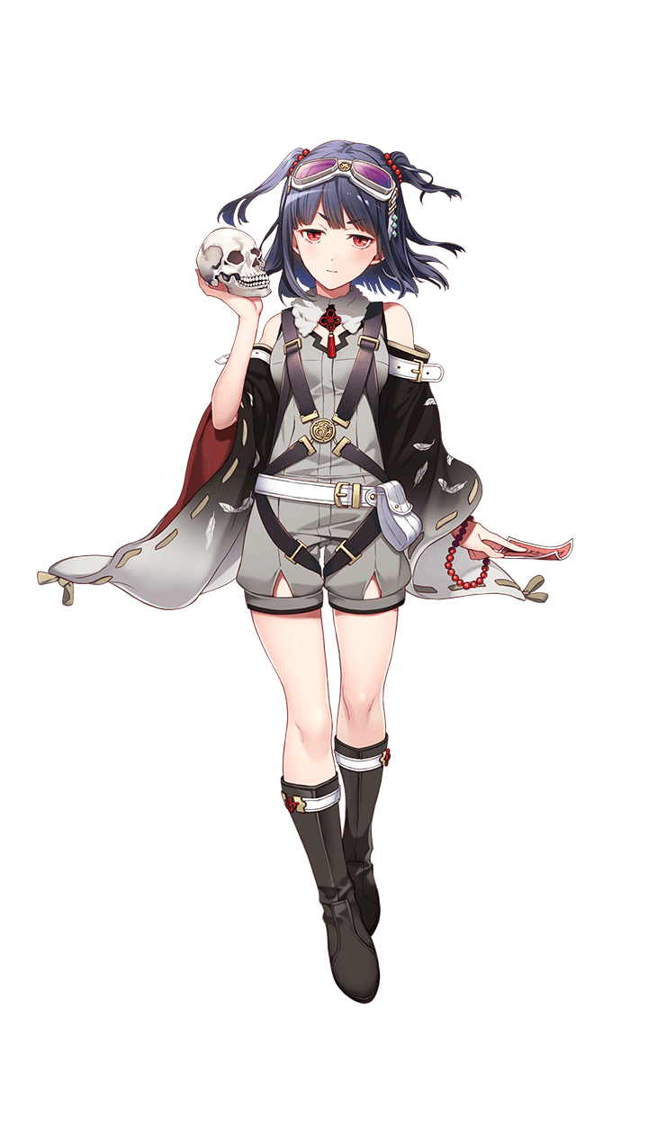 1girl black_boots black_hair boots detached_sleeves formation_girls full_body goggles goggles_on_head highres holding_skull looking_at_viewer maro_(maro1108) official_art red_eyes skull solo transparent_background two_side_up yanabe_minori