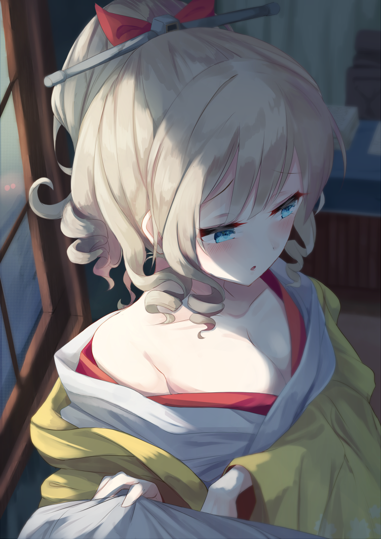 1girl bare_shoulders blonde_hair blue_eyes blush bow breasts cleavage collarbone drill_hair hair_bow hatakaze_(kantai_collection) igakusei japanese_clothes kantai_collection kimono light_brown_hair long_sleeves medium_breasts meiji_schoolgirl_uniform open_mouth ponytail red_bow short_hair solo wide_sleeves window yellow_kimono