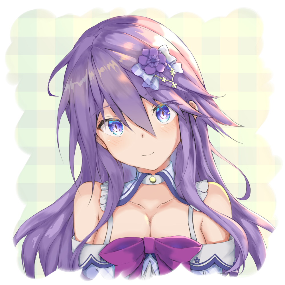 1girl anemone_(flower_knight_girl) blue_eyes bow closed_mouth detached_collar flower flower_knight_girl hair_bow hair_flower hair_ornament long_hair looking_at_viewer multicolored multicolored_eyes pnt_(ddnu4555) purple_bow purple_hair smile solo upper_body violet_eyes white_choker