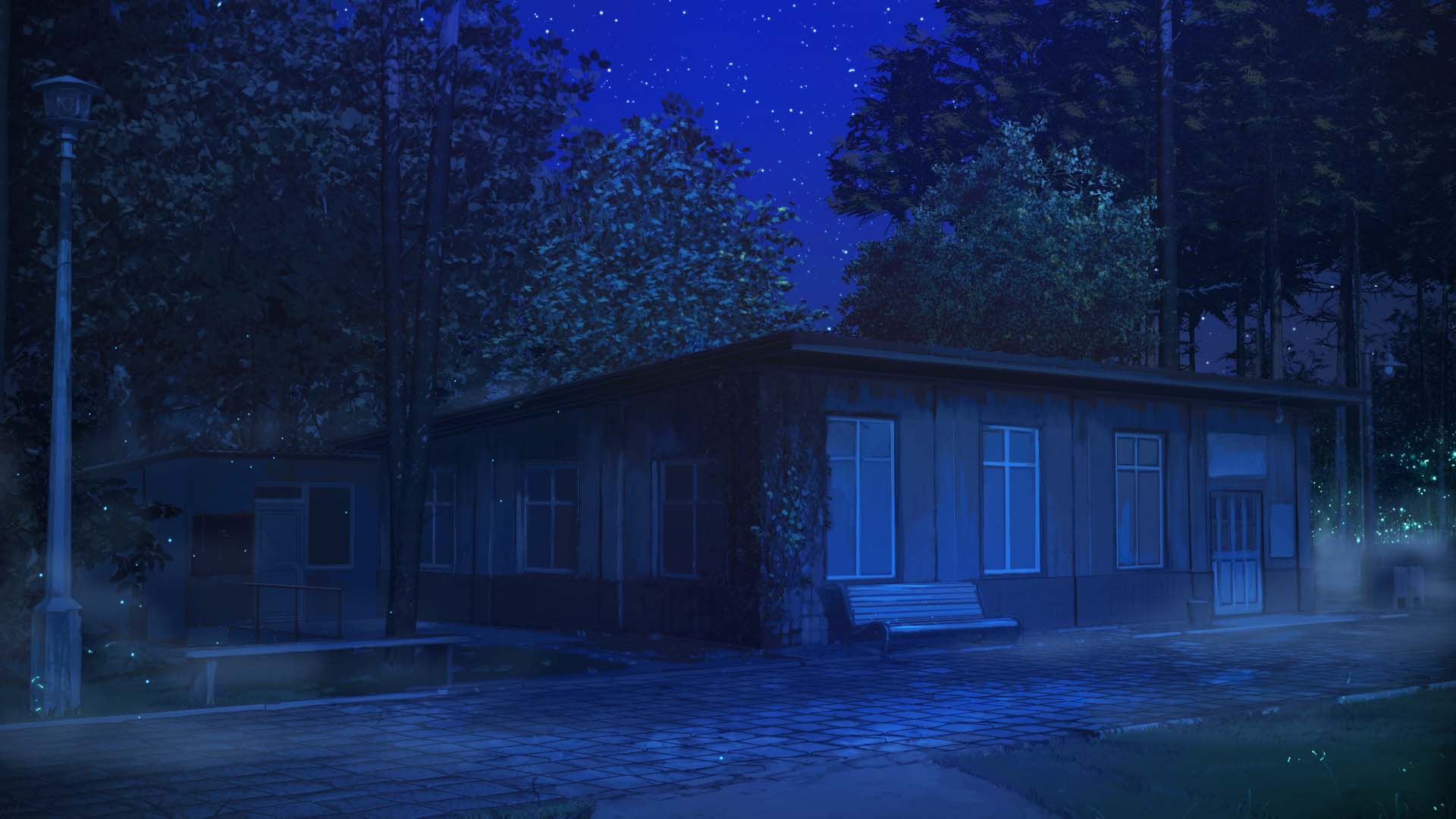 arsenixc bench building commentary door everlasting_summer grass highres lamppost night night_sky no_humans outdoors path pavement road scenery sky star_(sky) starry_sky window