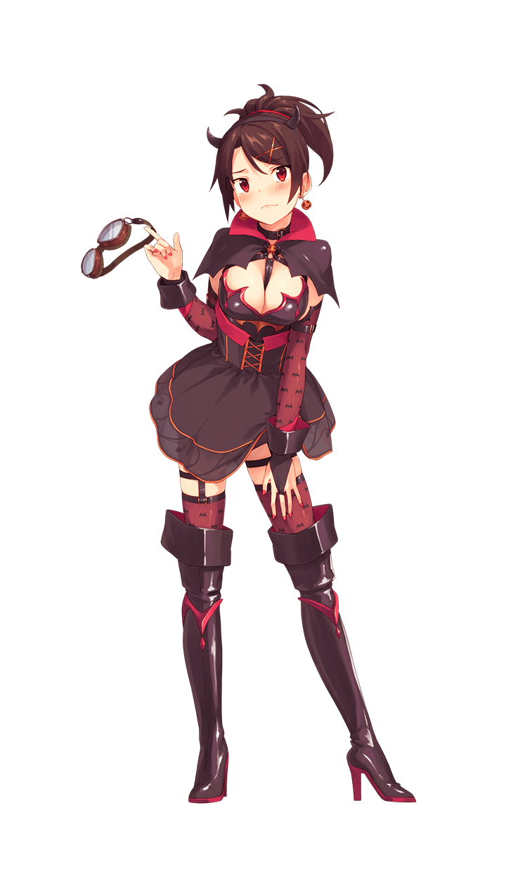 1girl black_dress blush boots breasts brown_hair cleavage detached_sleeves dress earrings embarrassed fake_horns formation_girls full_body goggles goggles_removed hair_ornament high_heel_boots high_heels highres jewelry kinta_(distortion) looking_at_viewer medium_breasts ponytail red_eyes sasai_sara solo standing thigh-highs thigh_boots transparent_background x_hair_ornament