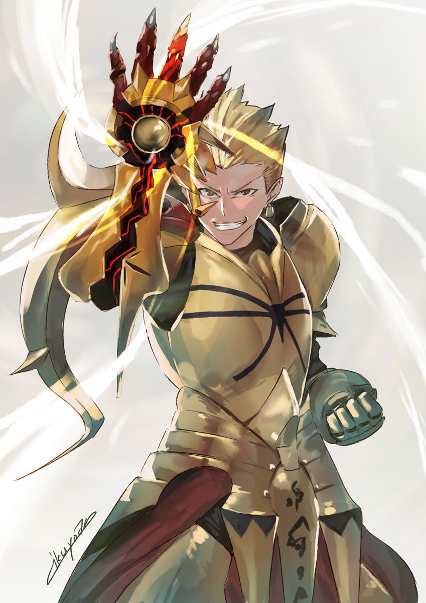 1boy armor blonde_hair claw_(weapon) commentary_request crossover earrings fate/zero fate_(series) gilgamesh_(fate) highres ikuyoan jewelry kazuma_(scryed) male_focus orange_armor pose power_fist red_eyes scryed short_hair solo weapon