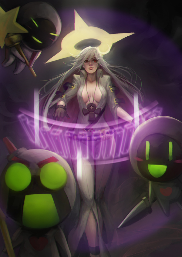 1girl black_gloves bodysuit breasts closed_mouth collarbone gloves guilty_gear guilty_gear_xrd halo jack-o'_valentine large_breasts long_hair looking_at_viewer phamoz red_eyes smile solo white_hair
