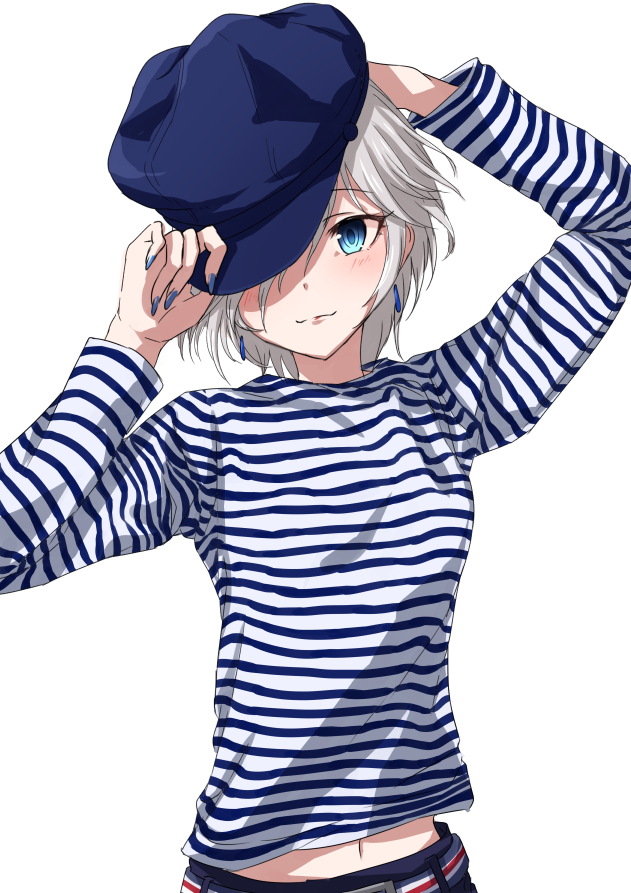 1girl adjusting_clothes adjusting_hat anastasia_(idolmaster) arms_up belt blue_eyes blue_hat blue_nails blush cabbie_hat closed_mouth commentary_request contemporary earrings fingernails hair_over_one_eye hand_on_headwear hat head_tilt idolmaster idolmaster_cinderella_girls jewelry lips long_fingernails long_sleeves looking_at_viewer morino_shoutarou nail_polish navel shirt short_hair silver_hair simple_background solo striped striped_shirt upper_body white_background