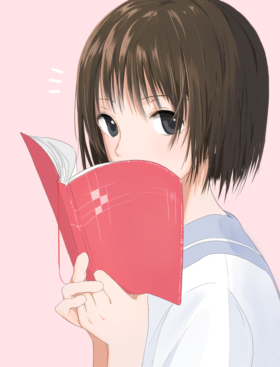 1girl aspara bangs blue_eyes book brown_hair covered_mouth eyebrows_visible_through_hair from_side hands_up highres holding holding_book looking_at_viewer original pink_background red_string school_uniform serafuku short_hair simple_background solo string upper_body