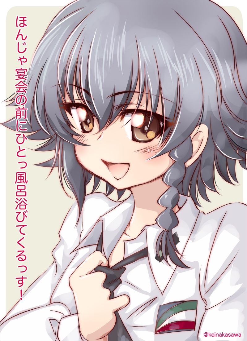 1girl :d anzio_school_uniform black_hair braid brown_eyes commentary emblem girls_und_panzer long_sleeves looking_at_viewer nakasawa_kei open_mouth pepperoni_(girls_und_panzer) school_uniform shirt short_hair side_braid smile solo translated twitter_username upper_body white_shirt