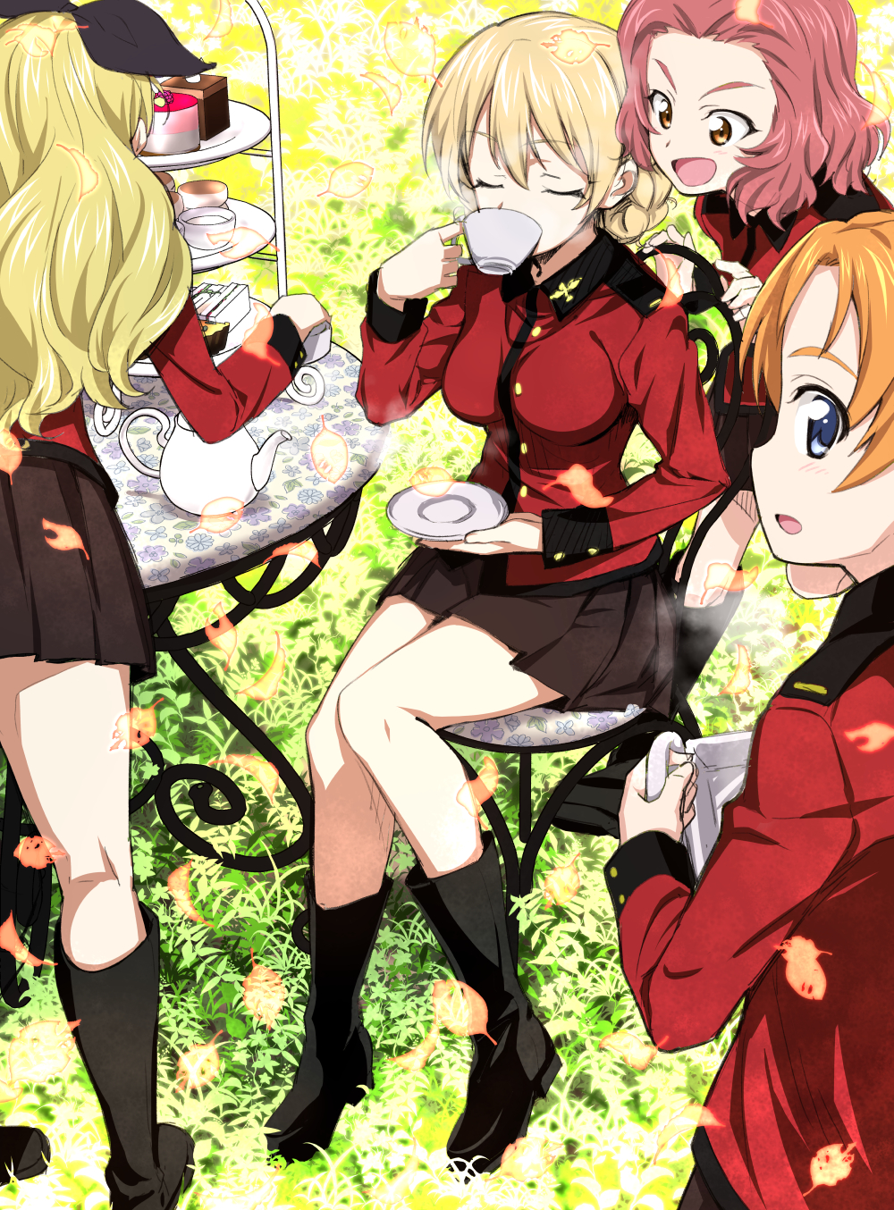 4girls :o assam black_boots black_ribbon blonde_hair boots braid brown_skirt cake chair closed_eyes cup darjeeling drinking food girls_und_panzer grass hair_ribbon highres leaf legs long_hair looking_at_another looking_at_viewer military military_uniform multiple_girls nakahira_guy orange_eyes orange_hair orange_pekoe pleated_skirt redhead ribbon rosehip short_hair sitting skirt st._gloriana's_military_uniform table teacup uniform